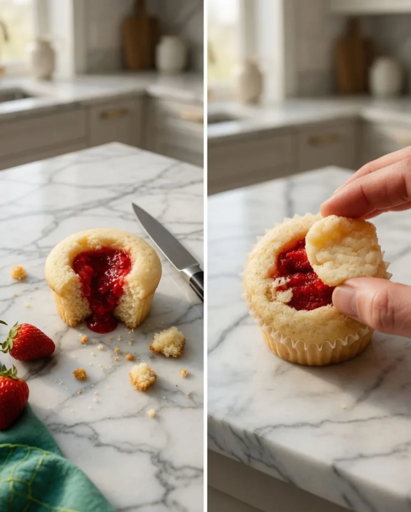 Cupcake with center cut and filled with strawberry mixture, shown before and after closing the top on a marble surface