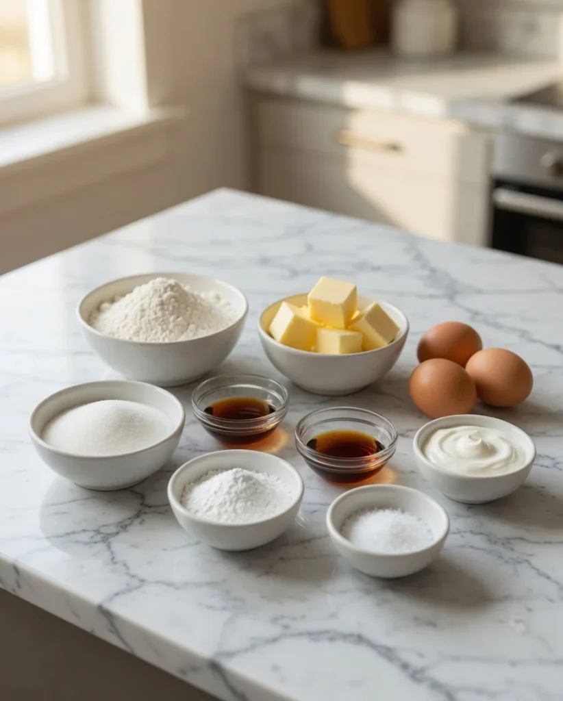 Baking ingredients including flour, butter, eggs, sugar, and vanilla arranged on a marble countertop