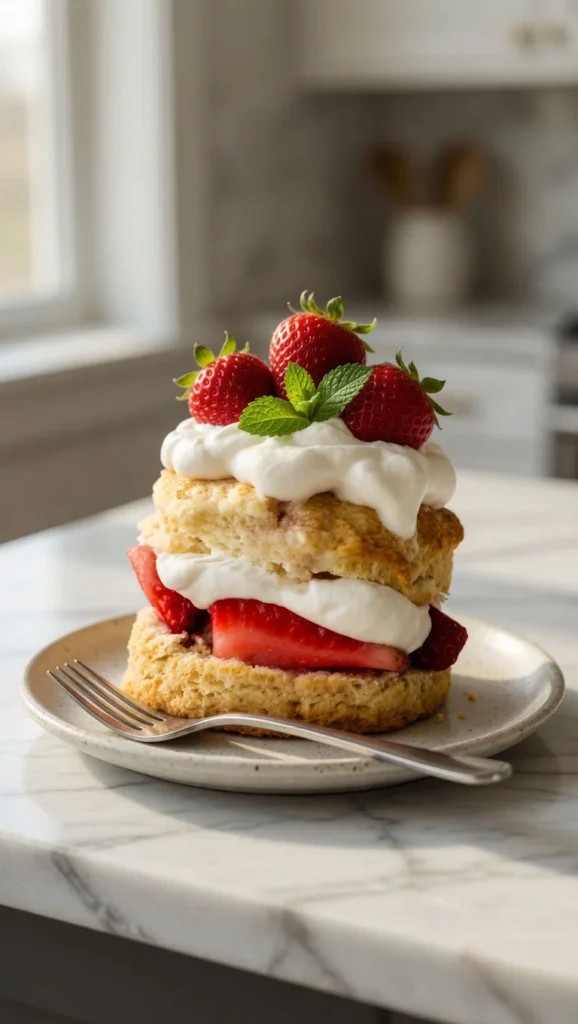 Homemade strawberry shortcake being assembled with macerated strawberries and whipped cream