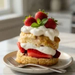 Homemade strawberry shortcake being assembled with macerated strawberries and whipped cream