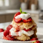 Homemade strawberry shortcake with golden biscuits, fresh strawberries, and whipped cream on a white plate