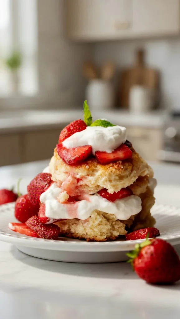 Homemade strawberry shortcake with golden biscuits, fresh strawberries, and whipped cream on a white plate