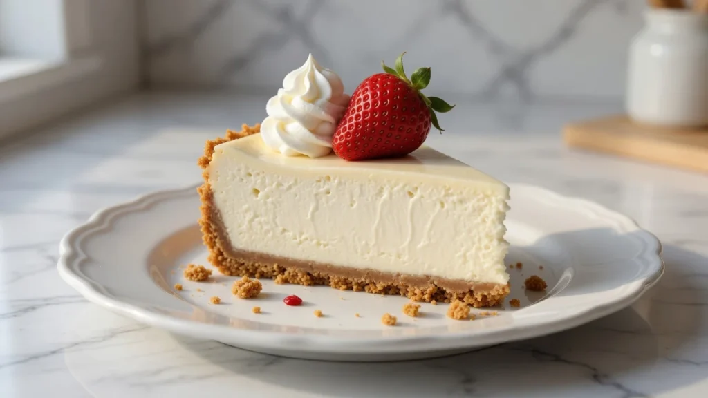 Perfect no-bake cheesecake with graham cracker crust and fresh strawberry topping on a white cake stand