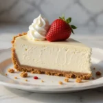 Perfect no-bake cheesecake with graham cracker crust and fresh strawberry topping on a white cake stand