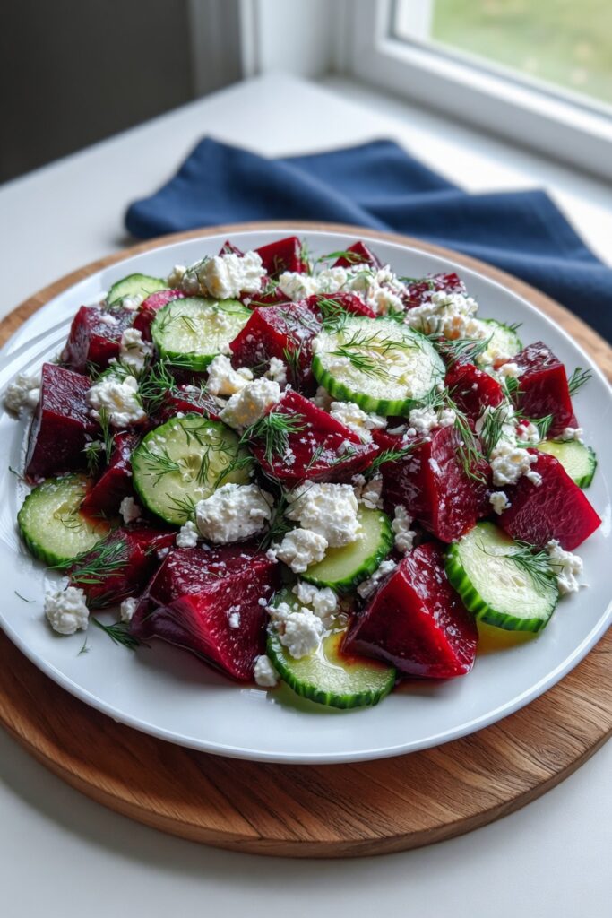 Close-up of Beet Salad with Feta Cucumbers and Dill showing ruby red beets creamy feta crumbles cucumber rounds and fresh dill in detail