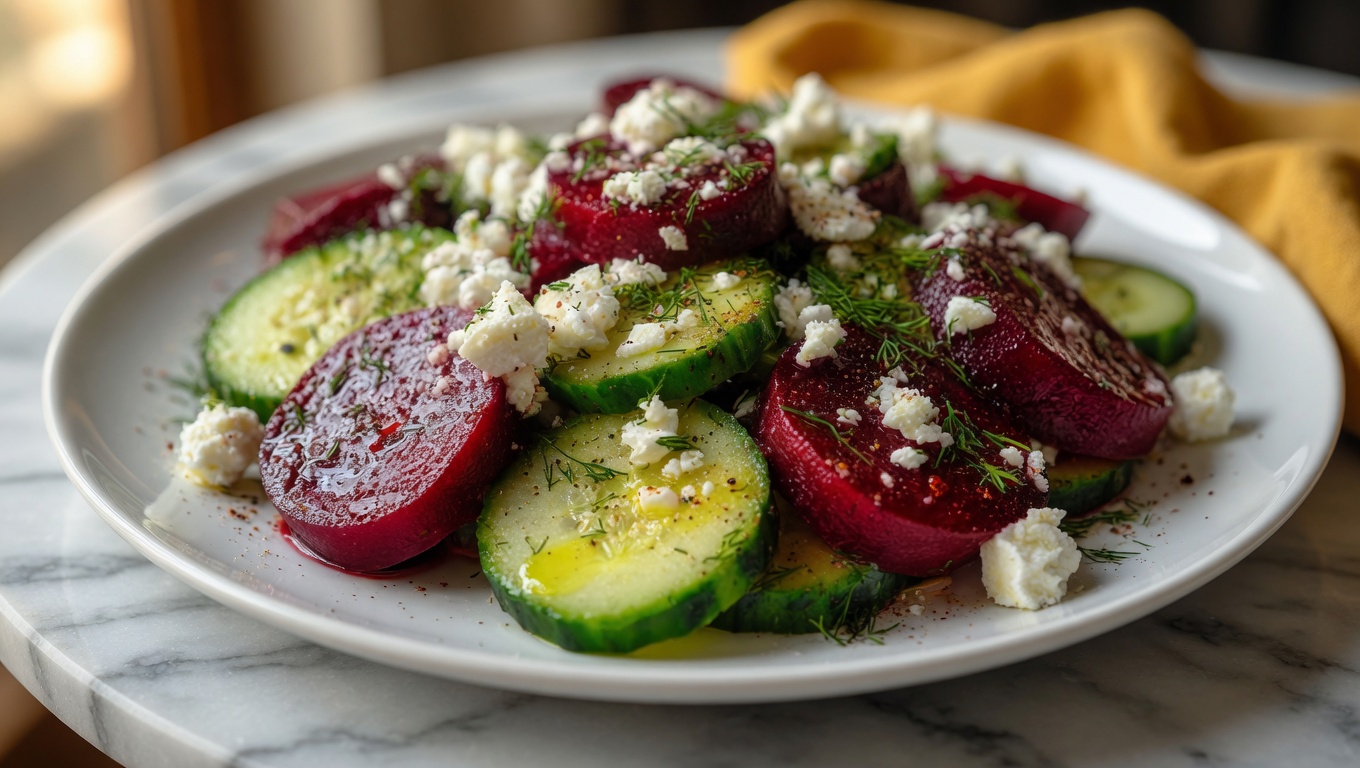 Beet Salad with Feta Cucumbers and Dill on a wide white plate showing vibrant ruby red beets crisp cucumber and white feta crumble with fresh dill
