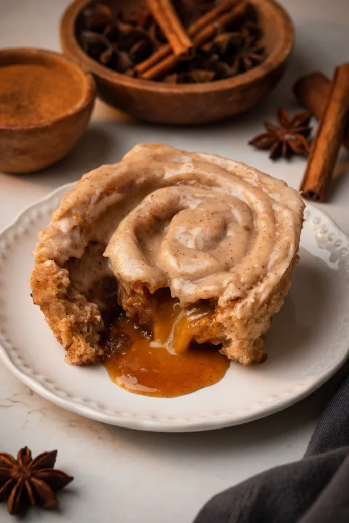 Close-up chai cinnamon roll pulled gooey caramel sauce