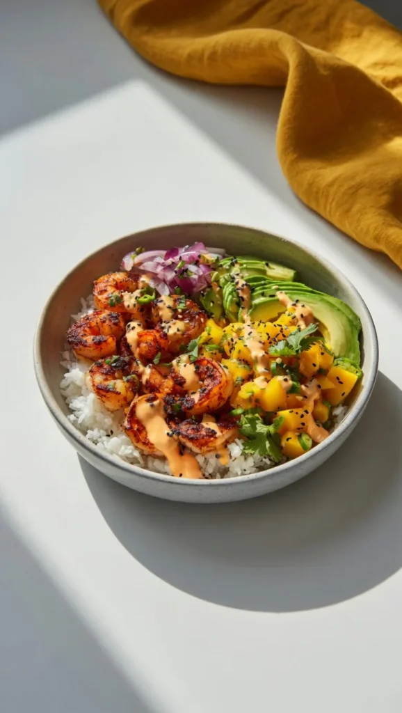 Close-up charred shrimp avocado mango salsa bowl
