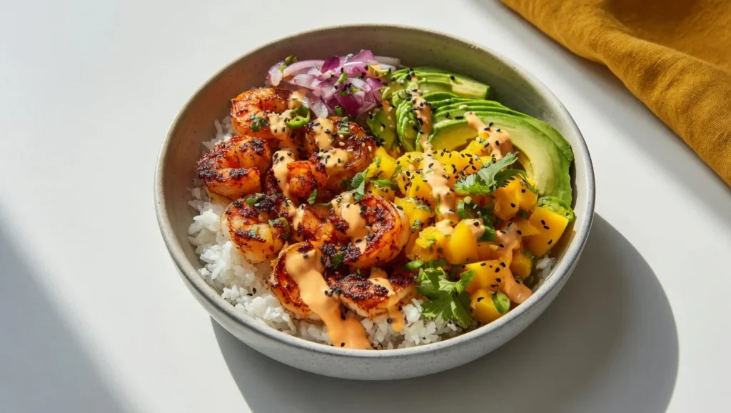 Charred shrimp avocado bowl mango salsa lime drizzle