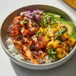 Charred shrimp avocado bowl mango salsa lime drizzle