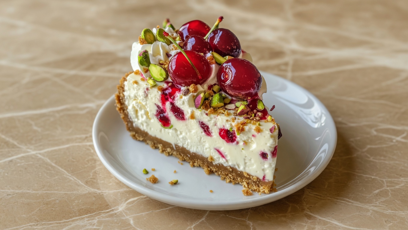Cherry Pistachio Cheesecake on a white cake stand with glossy red cherry topping and crushed green pistachio garnish on marble surface