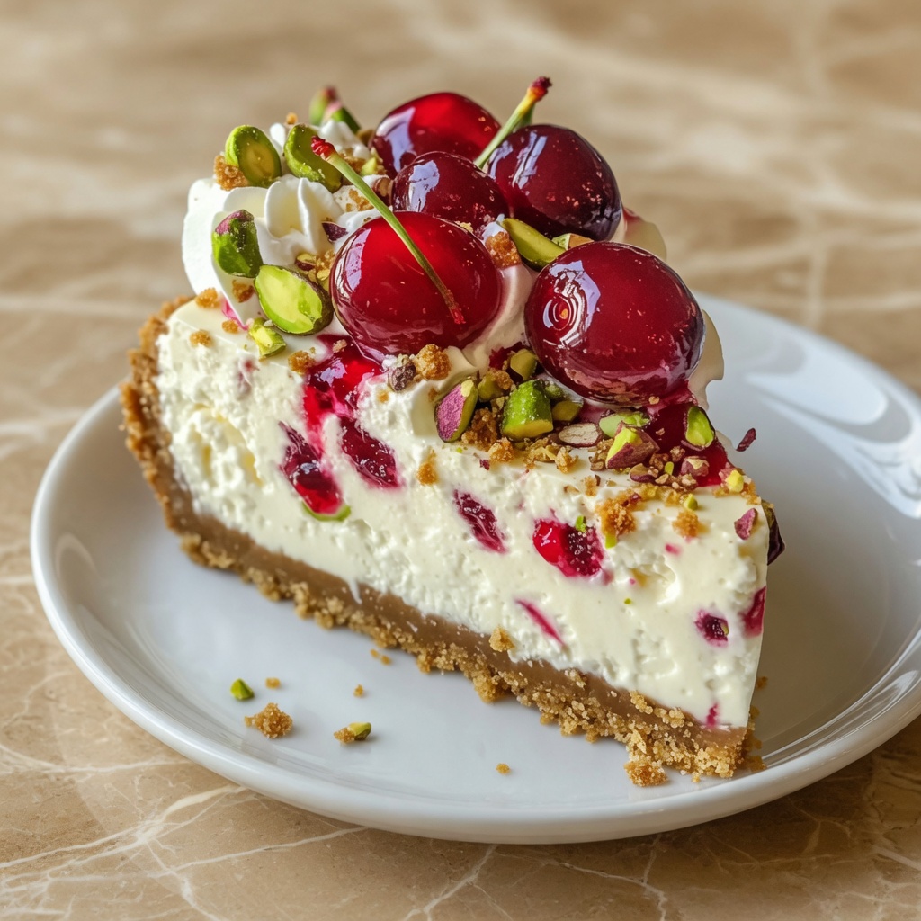 Slice of Cherry Pistachio Cheesecake on a white plate showing three distinct layers of golden crust creamy pistachio filling and vibrant cherry topping