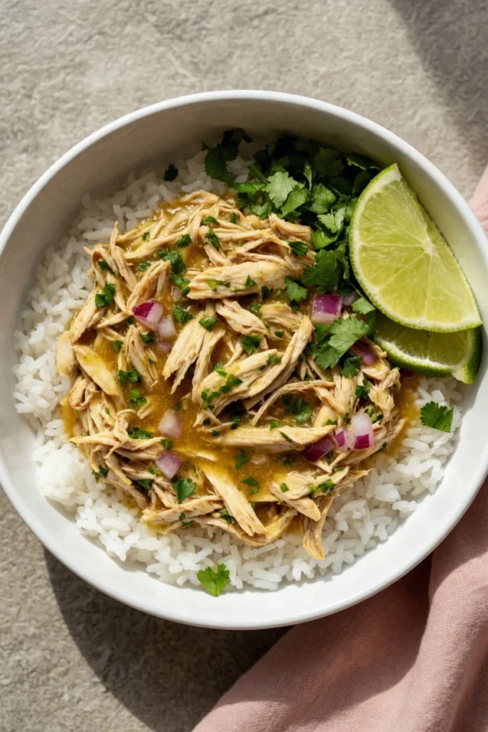 Close-up cilantro lime shredded chicken fork tender 