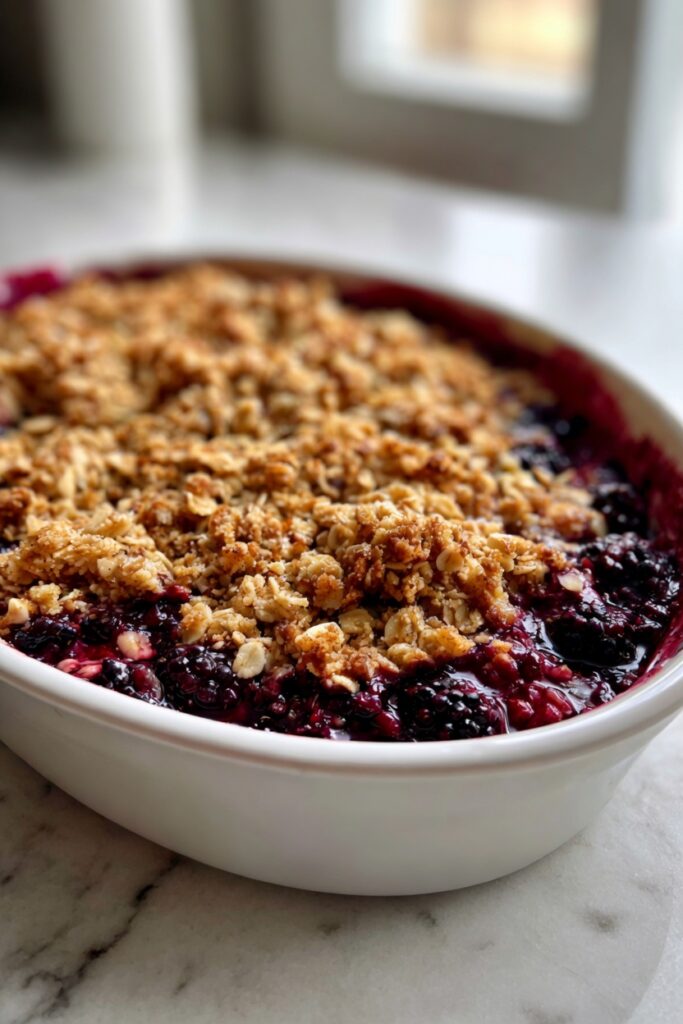 Mulberry crisp golden topping bubbling purple berries