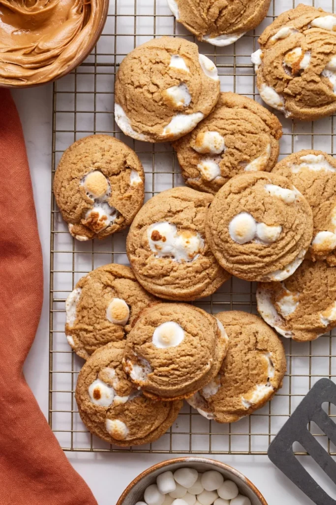 Close-up peanut butter marshmallow cookie gooey center