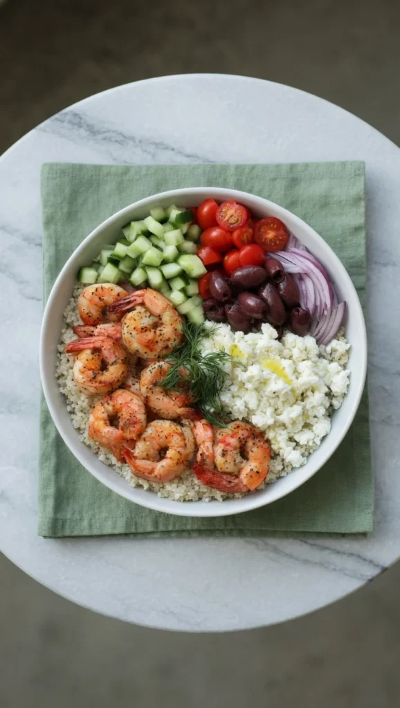 Close-up Greek shrimp bowl feta tzatziki cherry tomato