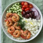 Greek shrimp Mediterranean bowl feta tzatziki olives