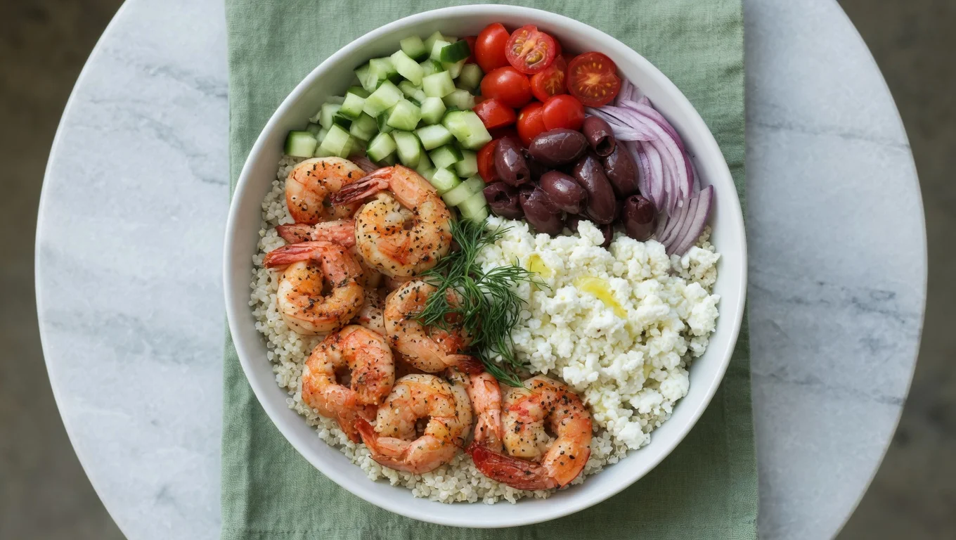 Greek shrimp Mediterranean bowl feta tzatziki olives