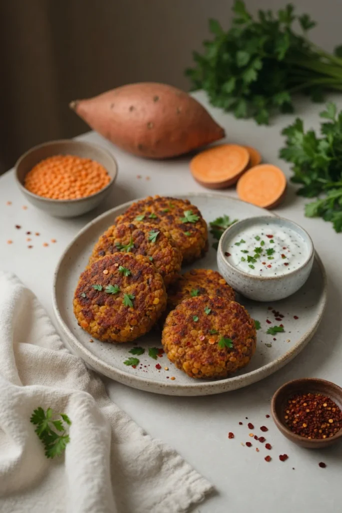 Sweet potato lentil patty golden crispy cross section