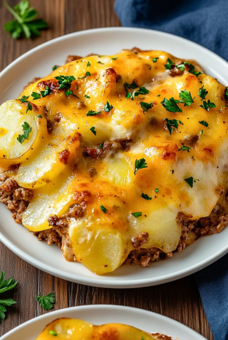 Served portion of hobo casserole ground beef with golden cheese, tender potatoes, and beef on a plate