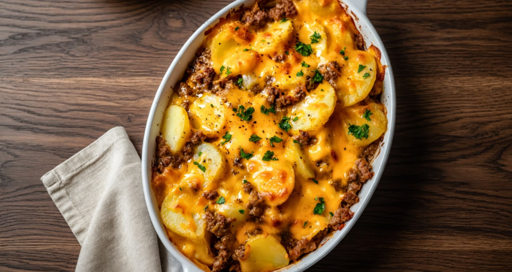 Hobo casserole ground beef with golden melted cheese and potato layers in a white baking dish