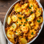 Hobo casserole ground beef with golden melted cheese and potato layers in a white baking dish