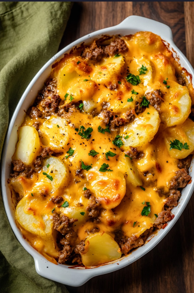Thinly sliced potatoes being layered over seasoned ground beef in a baking dish for hobo casserole