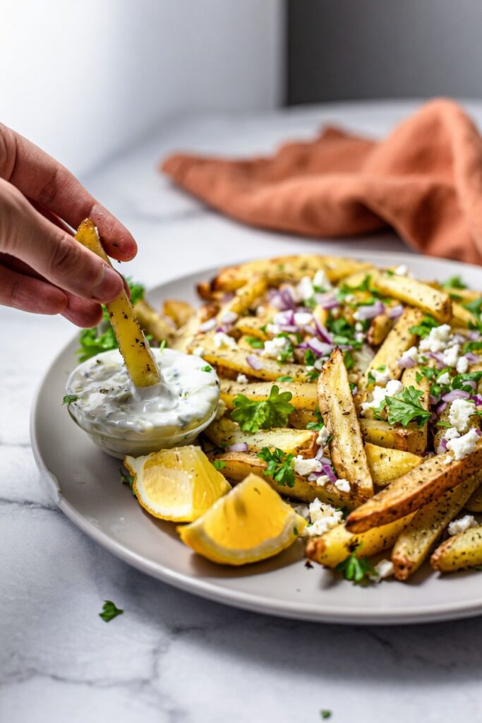 Raw Greek fries tossed in herbs and olive oil bowl