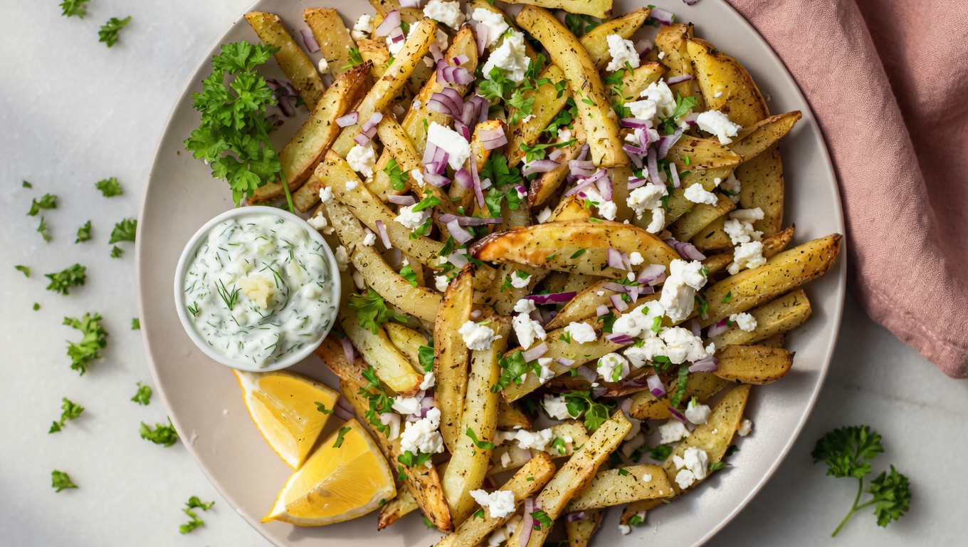Homemade Greek fries feta parsley red onion plate