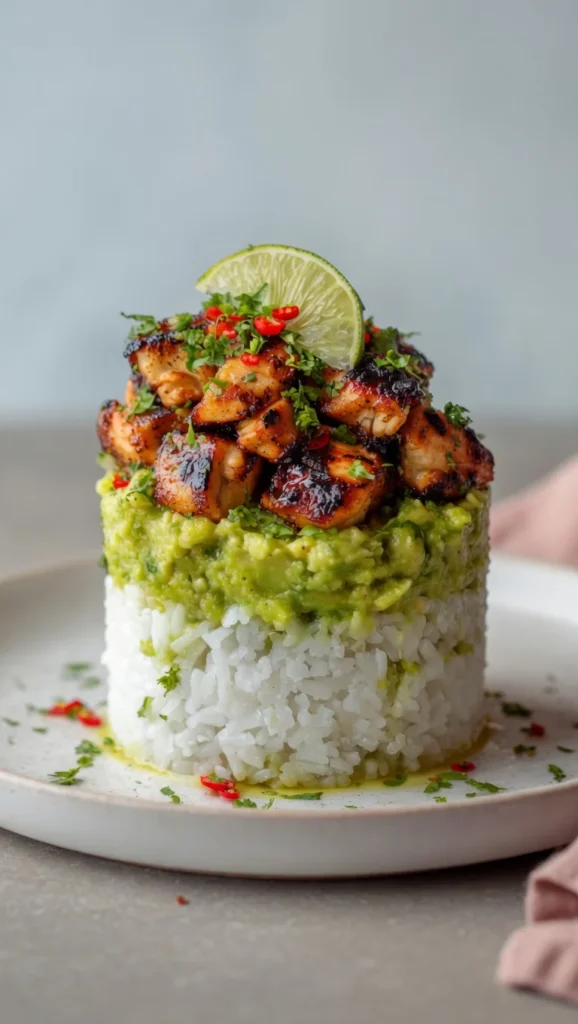 Close-up honey lime chicken stack avocado sear marks