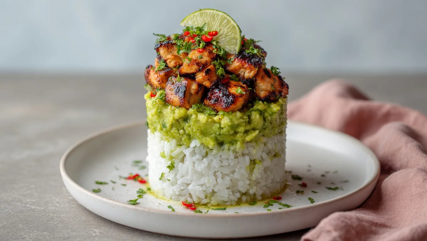 Honey lime chicken avocado stack white plate cilantro
