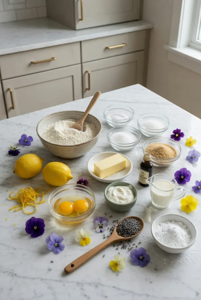 Top-down view of mini lemon lavender cake ingredients including flour, butter, lemons, eggs, sour cream, milk, vanilla, powdered sugar, dried lavender, and edible flowers arranged on a white marble countertop in a modern kitchen.