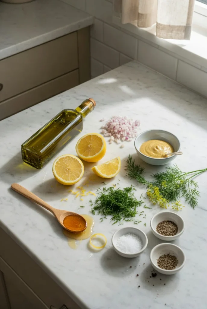 Top-down close-up of lemon dill vinaigrette ingredients including olive oil, fresh lemons, minced shallots, chopped dill, Dijon mustard, honey, salt, and black pepper arranged on a white marble countertop in a modern kitchen.