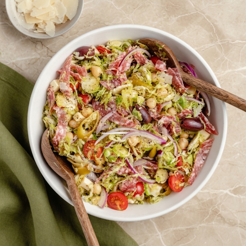 Close-up of Italian Chopped Brussels Sprouts Salad showing shredded brussels sprouts salami olives and provolone cheese in detail