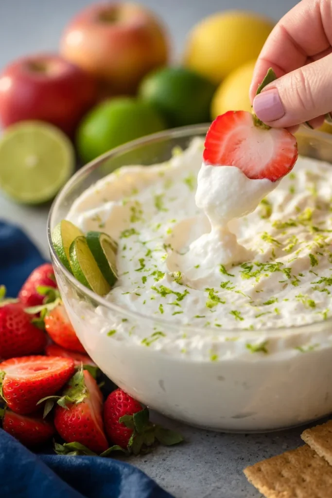 Close-up key lime fruit dip strawberry dipping lime zest