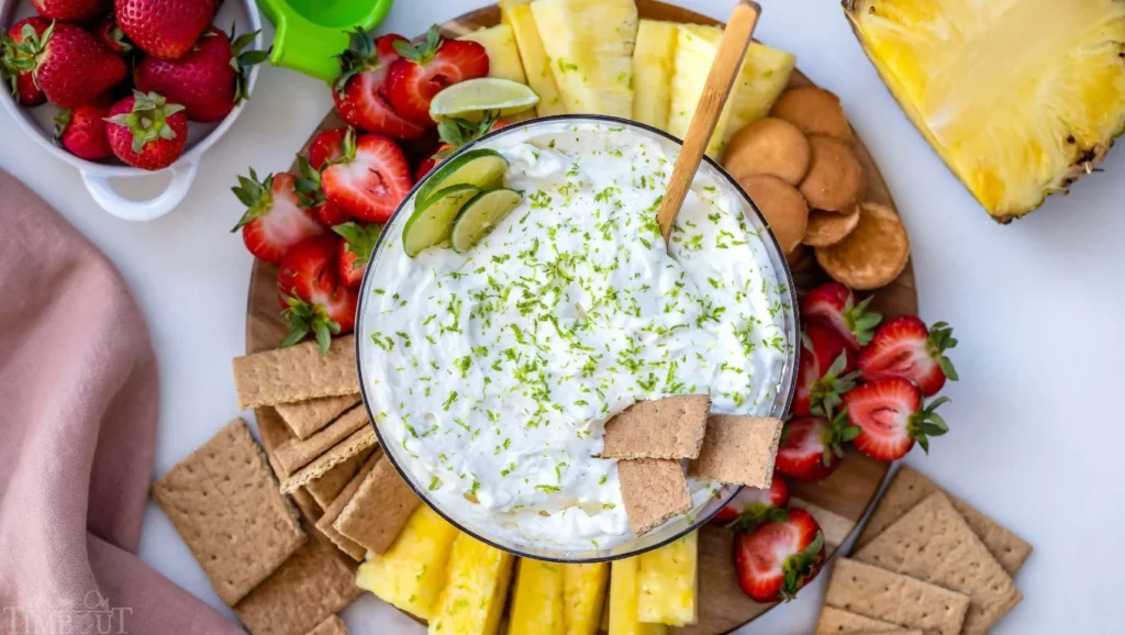 Key lime pie fruit dip bowl strawberries graham crackers