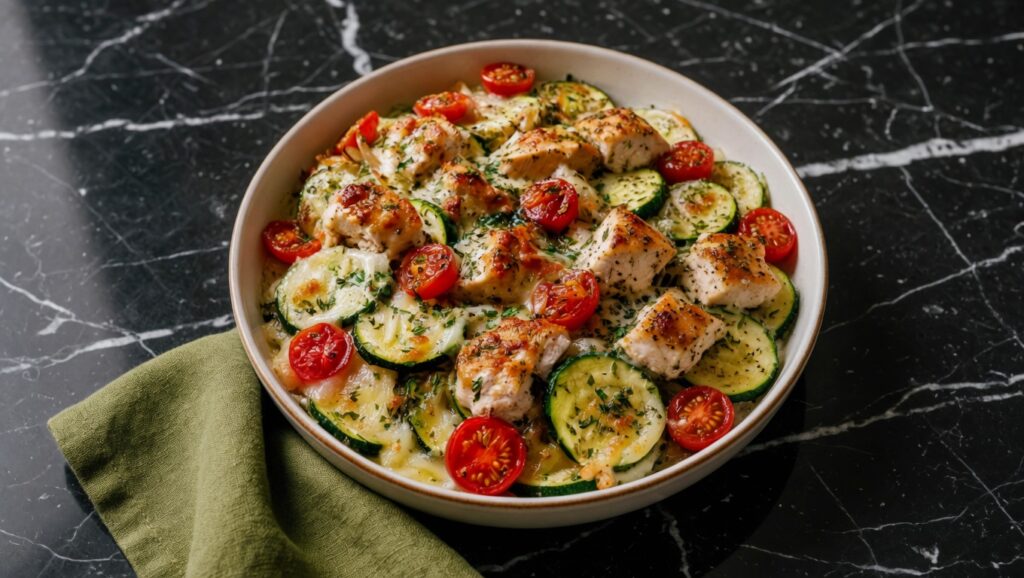 Mediterranean Chicken Zucchini Bake in a rustic white baking dish garnished with fresh parsley and roasted cherry tomatoes on a wooden table