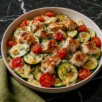 Mediterranean Chicken Zucchini Bake in a rustic white baking dish garnished with fresh parsley and roasted cherry tomatoes on a wooden table