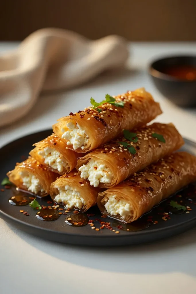 Close-up feta phyllo roll broken open ricotta filling