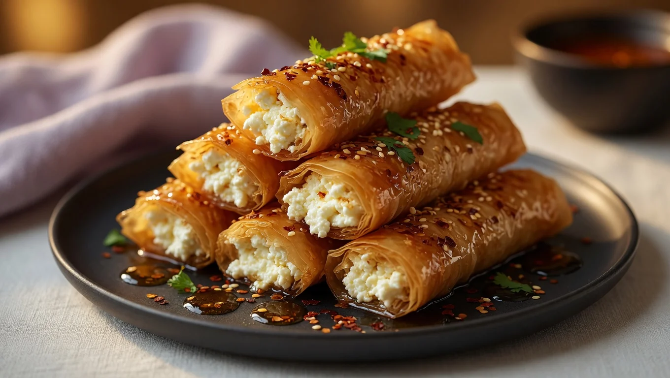 Feta rolls chili honey drizzle golden phyllo platter