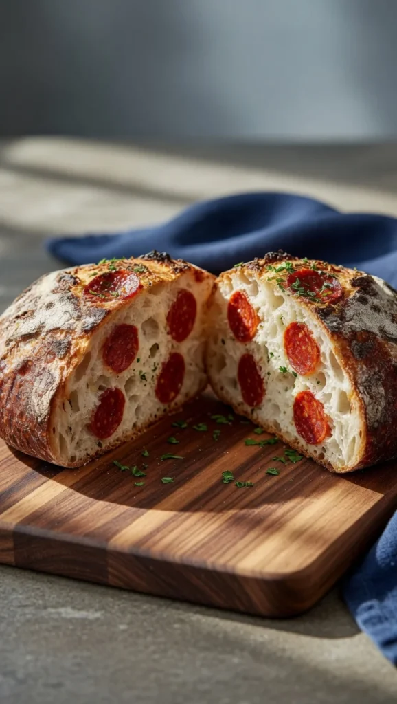 Pizza sourdough bread sliced pepperoni mozzarella