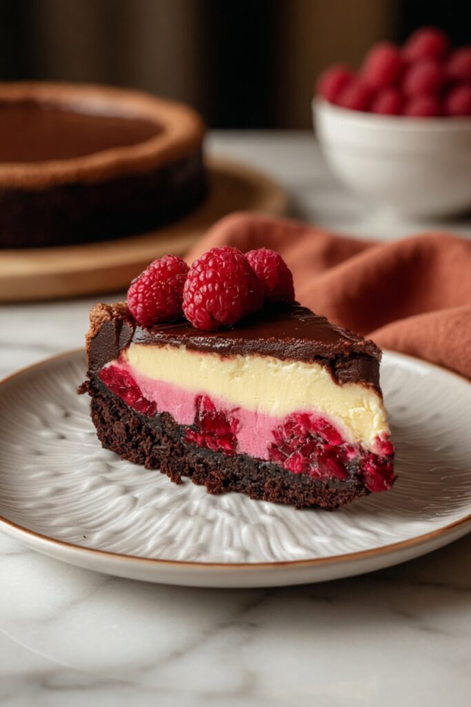 Close-up cross-section of Raspberry Brownie Cheesecake showing three distinct layers of dark brownie creamy filling and raspberry pieces