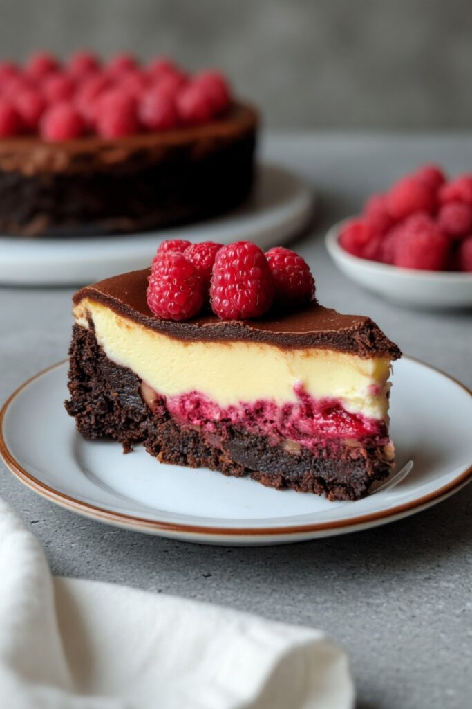 Slice of Raspberry Brownie Cheesecake on a white plate showing dark chocolate brownie base creamy filling and visible raspberry pieces