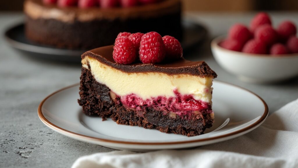 Raspberry Brownie Cheesecake on a white cake stand showing fudgy brownie base creamy filling and fresh raspberries on top