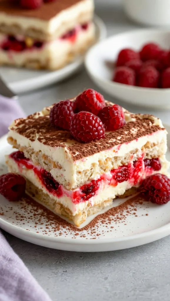 Raspberry tiramisu slice layers mascarpone cream
