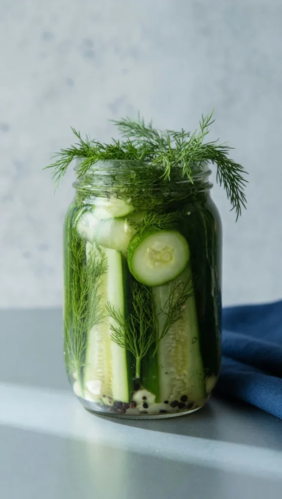 Close-up dill pickle spear crunchy fresh garlic jar