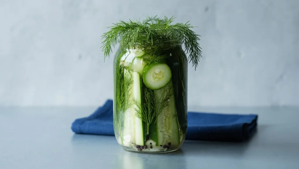 Refrigerator dill pickles glass jar garlic dill brine