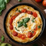 Roasted tomato and garlic ricotta pasta in a white bowl with fresh basil and Parmesan