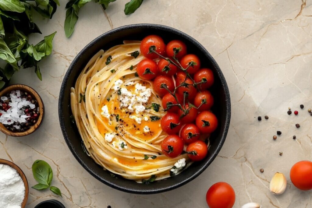 Roasted tomato and garlic ricotta pasta in a white bowl with fresh basil and Parmesan