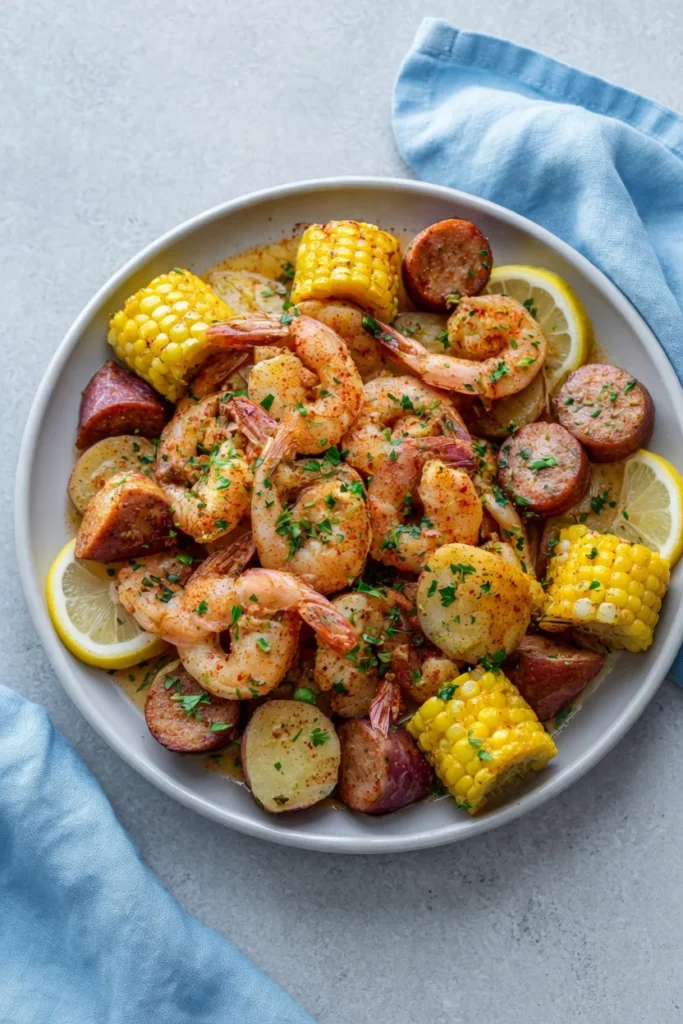 Shrimp boil garlic butter corn sausage potatoes